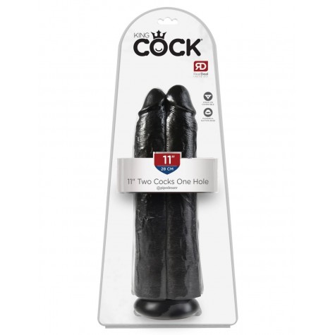 Сдвоенный черный фаллоимитатор на присоске 11" Two Cocks One Hole - 30,5 см.